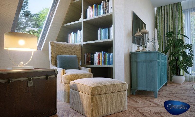 Modern Reading Corner with Layered Decor and Soft Textures by Stressless at Studio J Furniture Store