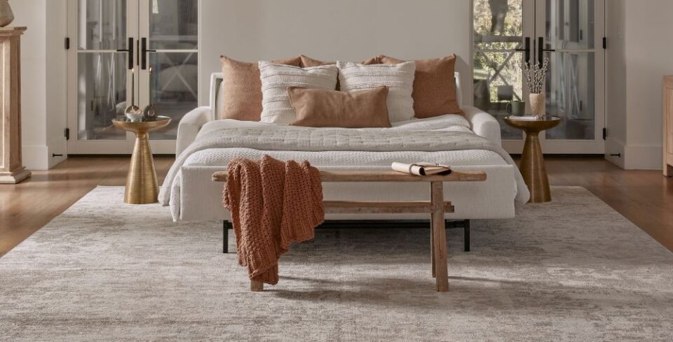 Brown leather sofa and chair in a modern living room in Central Ohio